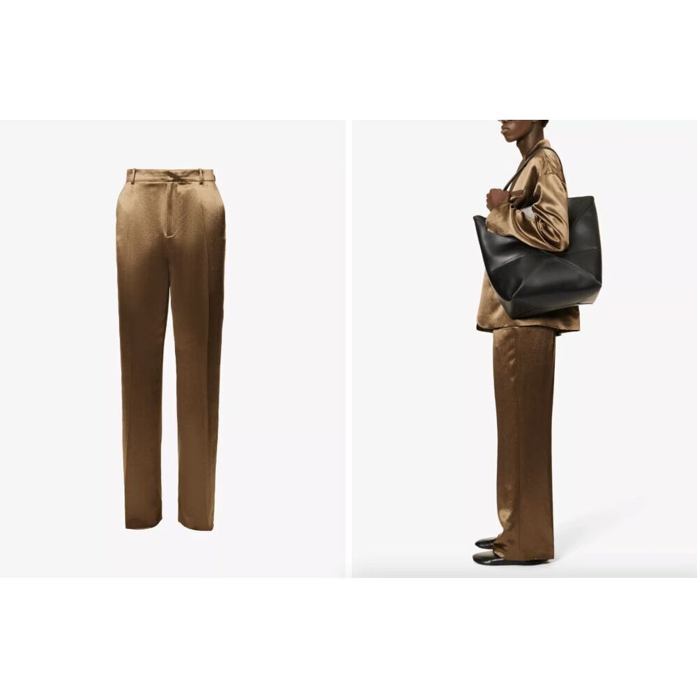 NWT Loewe Embroidered Anagram Straight Leg Satin Trouser Pants Brown